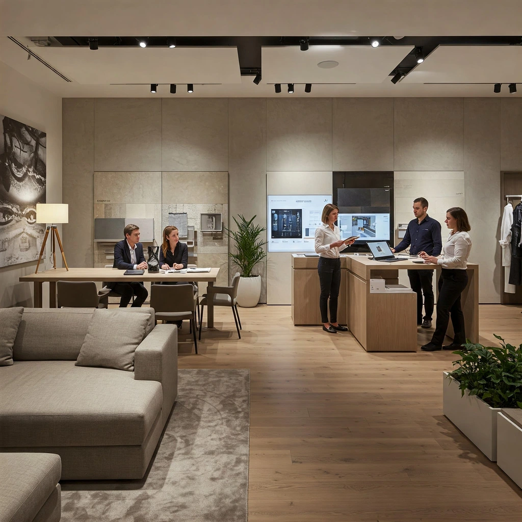 interior talent- Retail team working in a modern showroom setting with design products
