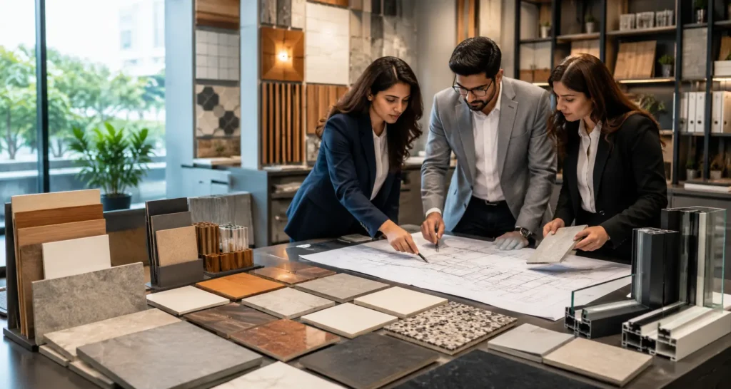 Building Materials recruitment professionals reviewing architectural plans and material samples.