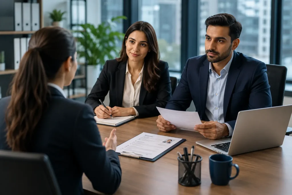Recruitment guide for employers interviewing candidates in a corporate office.